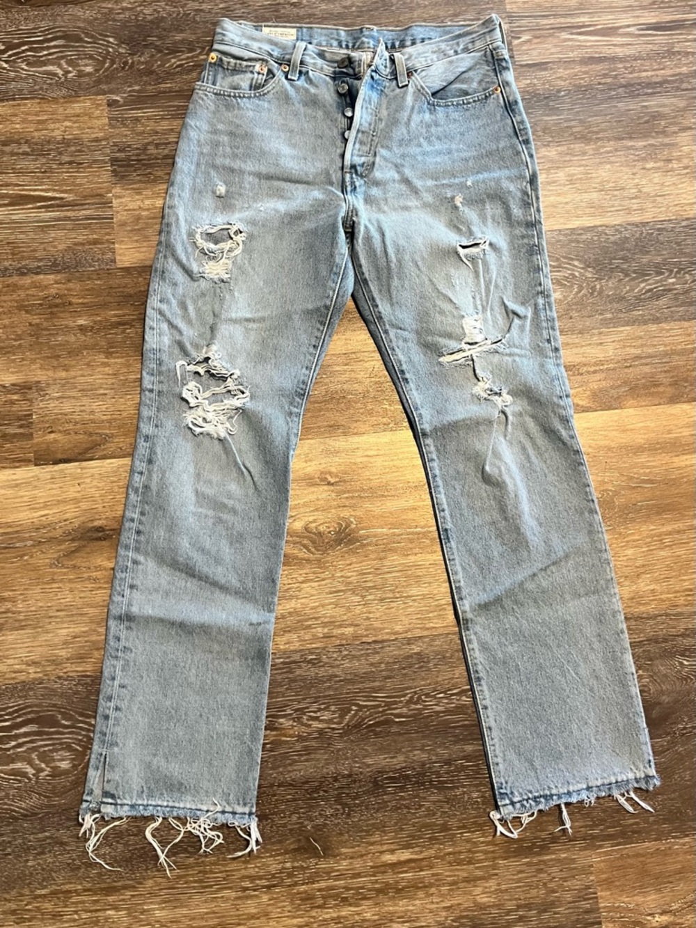 Levi's 501 Light Blue Ripped Straight-Leg Jeans